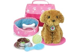 Sophia's Golden Plush Puppy Dog and Accessories Set with Leash, Food Bowl, Brush, Ball, Bone, Bed, Blanket, and Carrier Sized for 18" Dolls, Multicolor