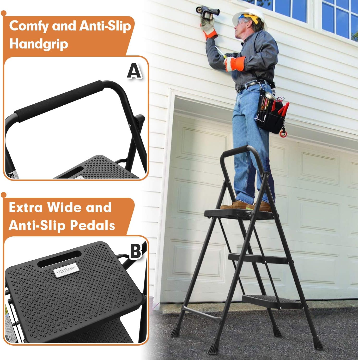 HBTower 3 Step Ladder, Folding Step Stool with Wide Anti-Slip Pedal, 500lbs Sturdy Steel Ladder, Convenient Handgrip, Lightweight, Portable Steel Step Stool, Black - - 