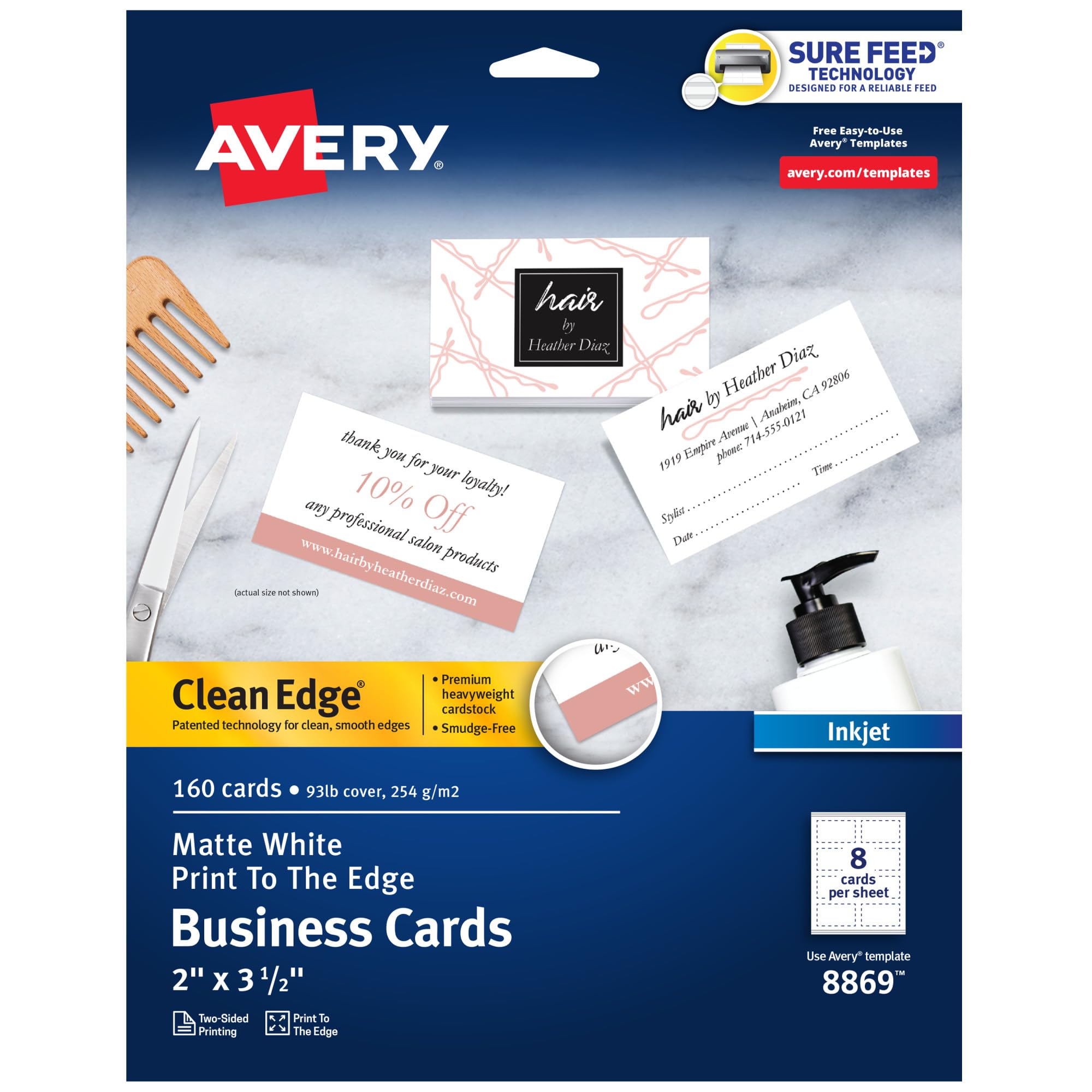 Avery Clean Edge Printable Business Cards with Sure Feed Technology, 2" x 3.5", White, 160 Blank Cards for Inkjet Printers (8869)