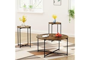 DKLGG Coffee Table Set of 3, Round Living Room Tables Set, 3 Piece Coffee Table and End Table Sets, Rustic Brown Wood Coffee Table and 2 Side Table for Apartment, Small Space