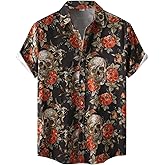 BIRW Halloween Shirt Men Fun Pumpkins Skull Short Sleeve Button Down Hawaiian Holiday Shirts