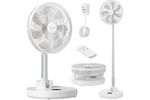 TriPole Standing Oscillating Pedestal Fan, Rechargeable Battery Operated Quiet Height Adjustable Floor Fan with Remote Timer, Foldaway Portable Fan for Bedroom Home Travel, 5-31H Working, 12''