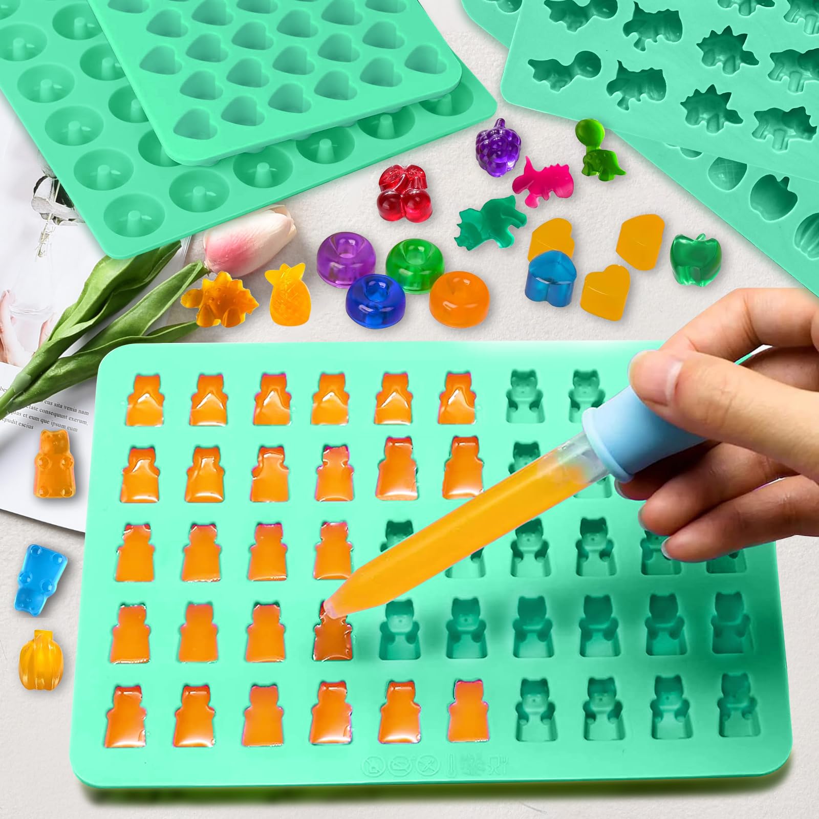 Silicone Gummy Molds Set of 5, Candy Molds Silicone with 2 Droppers for Convenient Filling, Gummy Molds Set Includes Dinosaur, Bear, Donut, Heart and Fruit