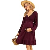 Coolmee Women's Maternity Short Sleeve Ruffle Dress V Neck Summer Casual Smocked Flowy Midi Dress for Baby Shower Photoshoot