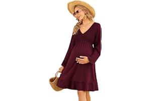 Coolmee Women's Maternity Short Sleeve Ruffle Dress V Neck Summer Casual Smocked Flowy Midi Dress for Baby Shower Photoshoot