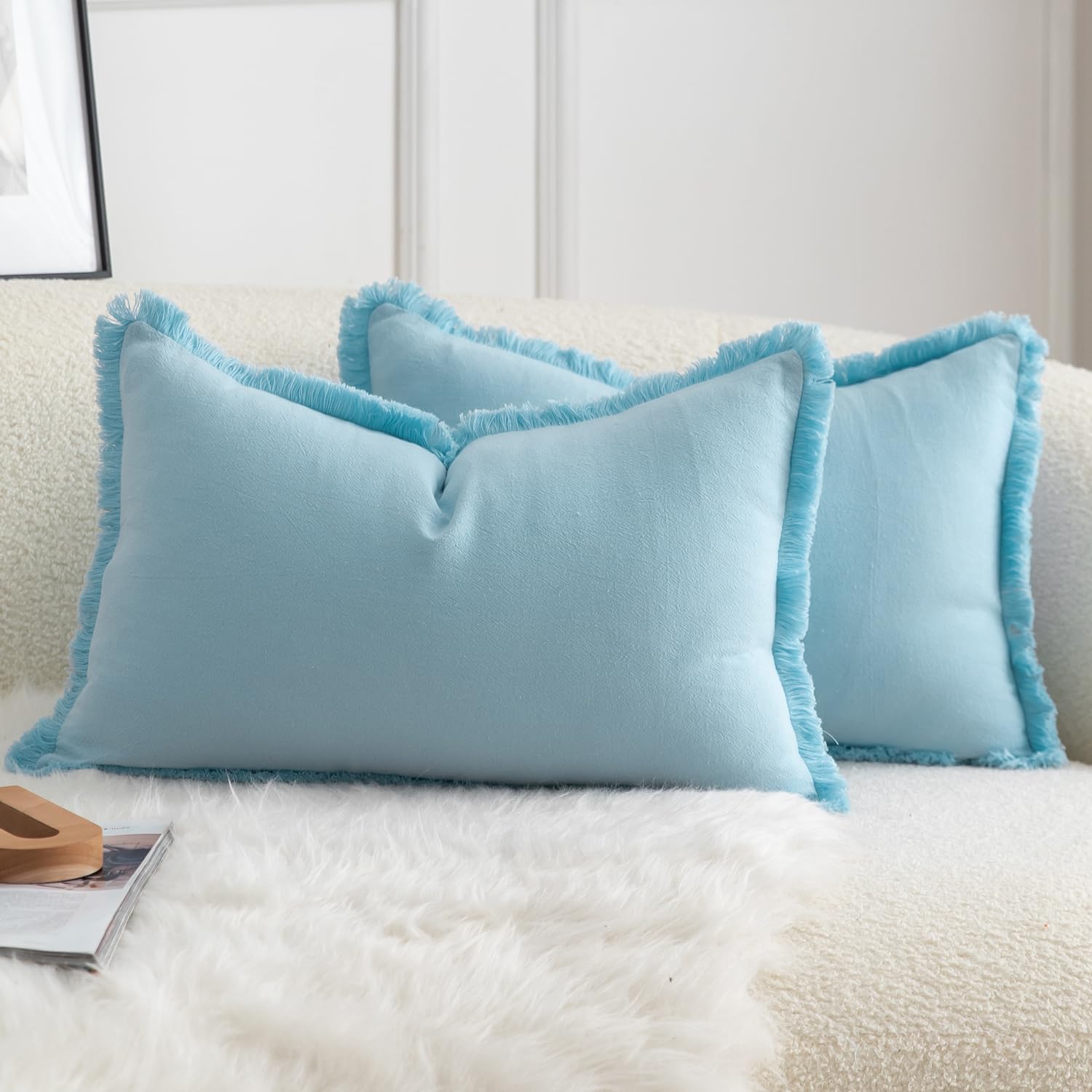 Mandioo Set of 2 Neutral Cotton Fringe Cushion Covers 30x50 cm 12x20 inch Decorative Boho Farmhouse Throw Pillowcase Cozy Tassels for Couch Sofa Bedroom Living Room Home Decor Light Blue
