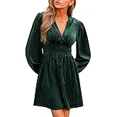 CUPSHE Women's Mini Party Dresses V Neck Button Long Sleeve Smocked Tunic Waist Casual Short Flowy Fall Cocktail Dress