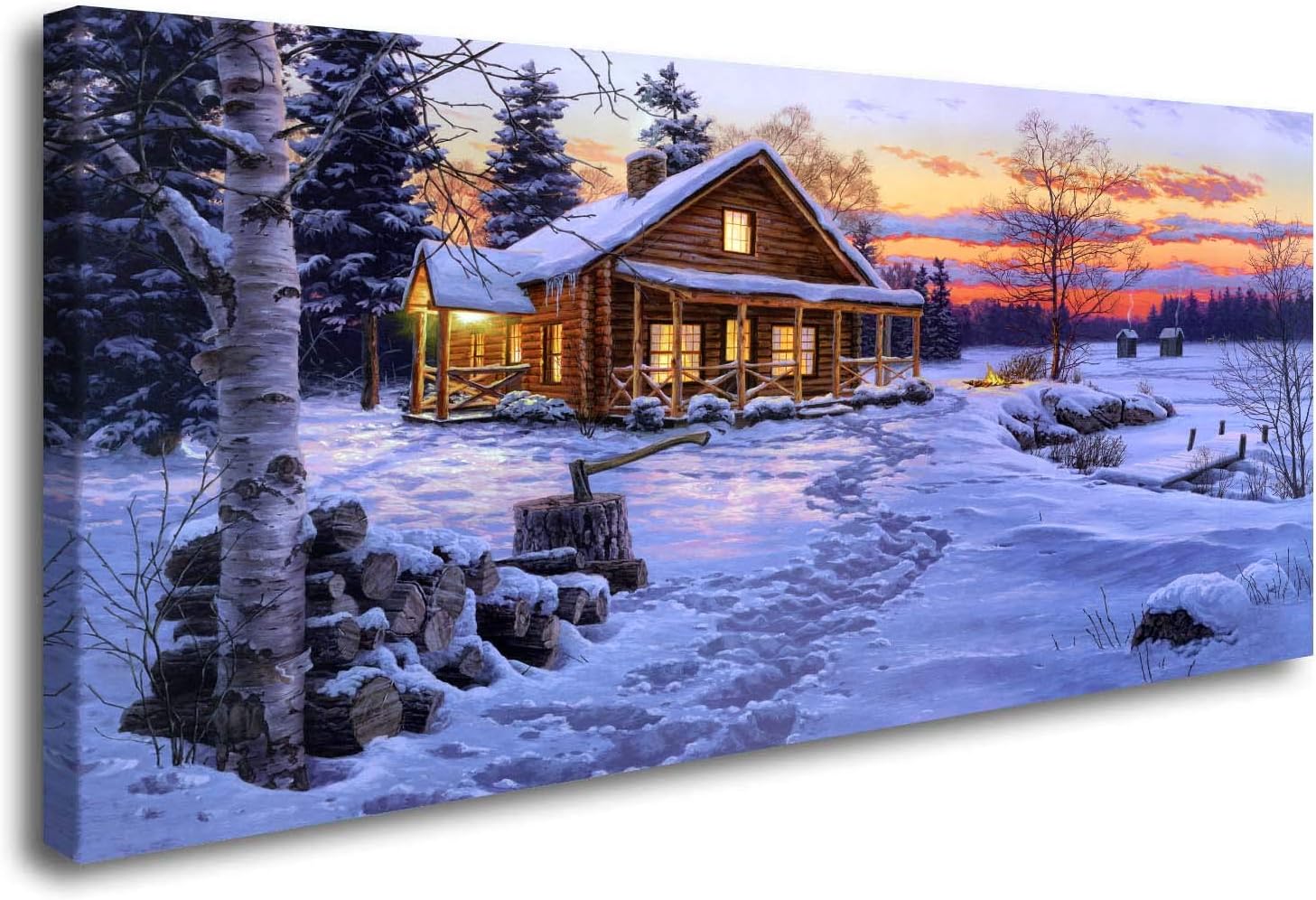 ArtHome520 Blue Winter Landscape Home Decor Canvas Printed Oil Painting Wall Art Cabin Picture Living Dining Room Decorations Fashion Framed (20''x40'')