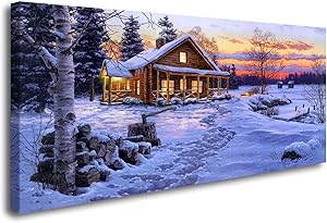 ArtHome520 Blue Winter Landscape Home Decor Canvas Printed Oil Painting Wall Art Cabin Picture Living Dining Room Decorations Fashion Framed (20''x40'')