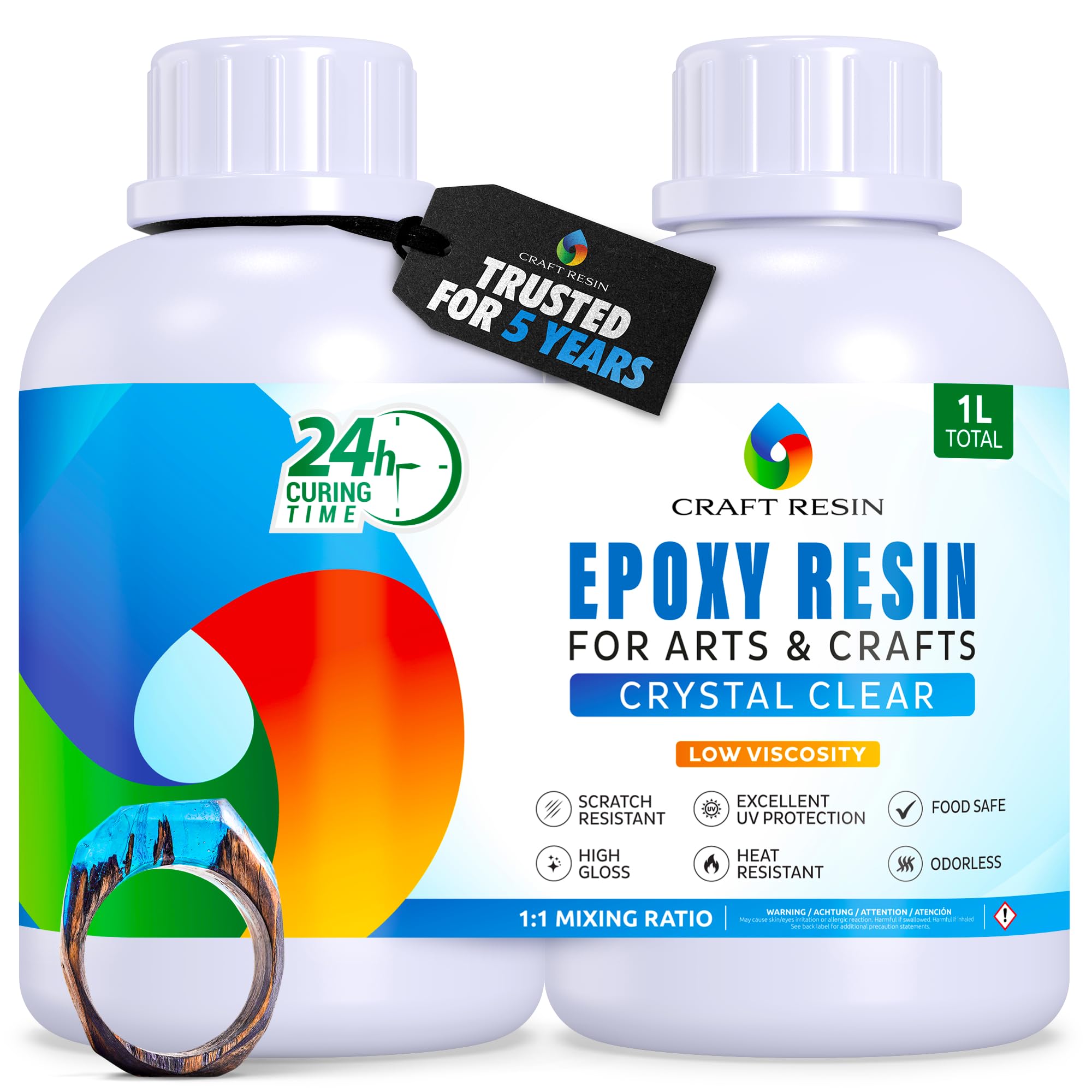 CRAFT RESIN 1L Crystal Clear Epoxy Resin Kit - Food Safe & UV Resistant for DIY Art, Wood, Jewellery Making, Coasters, Mould Casting Resin Epoxy - Low Viscosity, Self Leveling for Beginners & Pros
