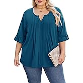 Beauhuty Women's Plus Size Shirts Dressy Casual Blouses 3/4 Bell Ruffle Sleeve Front Pleated Trendy Business Peplum Tops