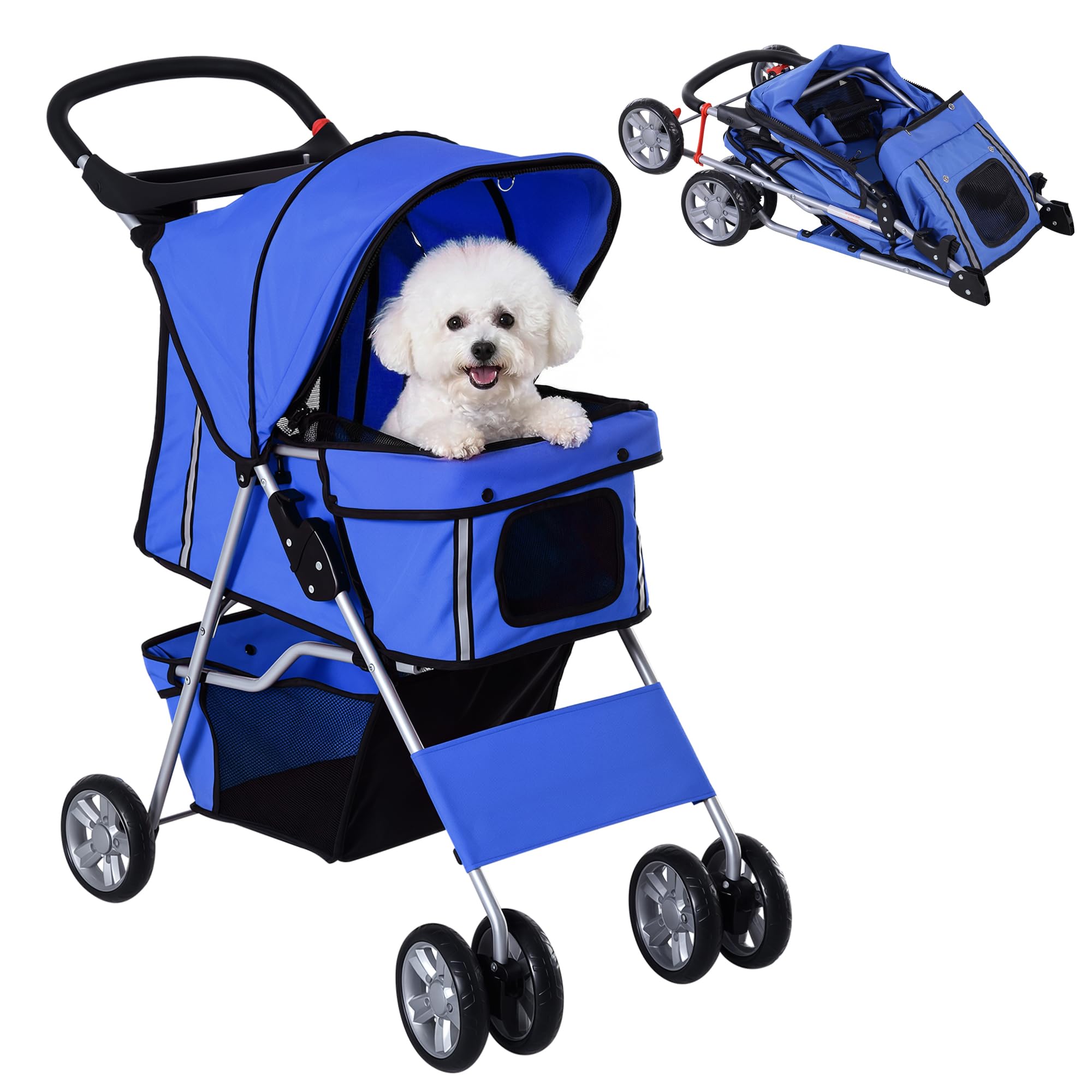 PawHut Pet Stroller for Small Dogs Cats Foldable Travel Carriage with Wheels Zipper Entry Cup Holder Storage Basket Blue