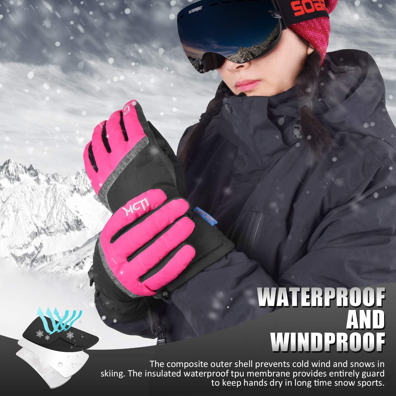 MCTi Ski Gloves, Winter Waterproof Snowboard Snow 3M Thinsulate Warm Touchscreen Cold Weather Women Gloves Wrist Leashes : Clothing