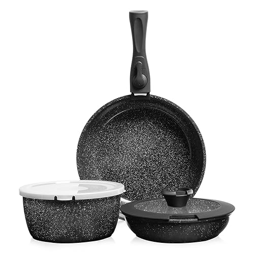 ZHANG XIAO QUAN SINCE 1628 Pots and Pans Set Non Stick, Black Pots and Pans Set, 6PCS Aluminium Oven Safe Cookware Set, PTFE/PFAS/PFOA Free Cookware, Non Stick Pots and Pan Set Detachable Handle