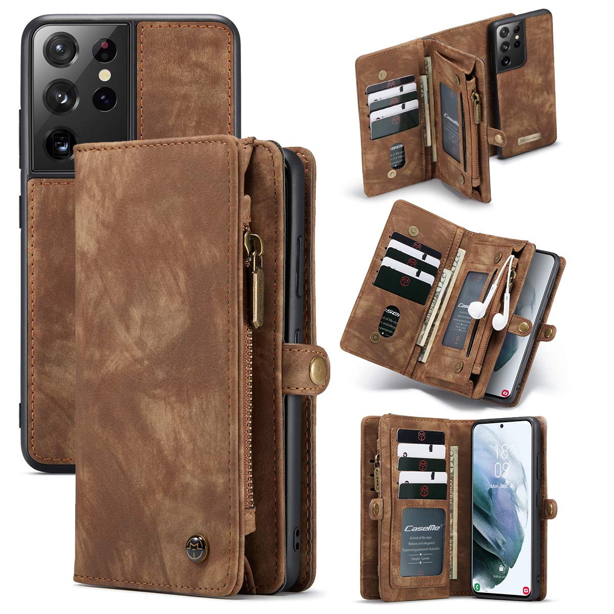 ANROD Detachable Leather Wallet Case for Samsung Galaxy S21 Ultra,CaseMe Magnetic Closure 2-in-1 Flip TPU Shockproof Zipper Purse Back Cover with Card Slots (Coffee)