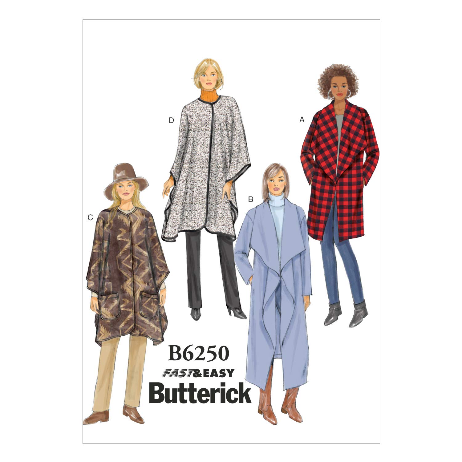 Butterick Patterns 6250 Y,Misses Jacket,Coat and Wrap,Sizes (4-6) (8-10) (12-14), Multi-Colour, Y (XSM-SML-MED)