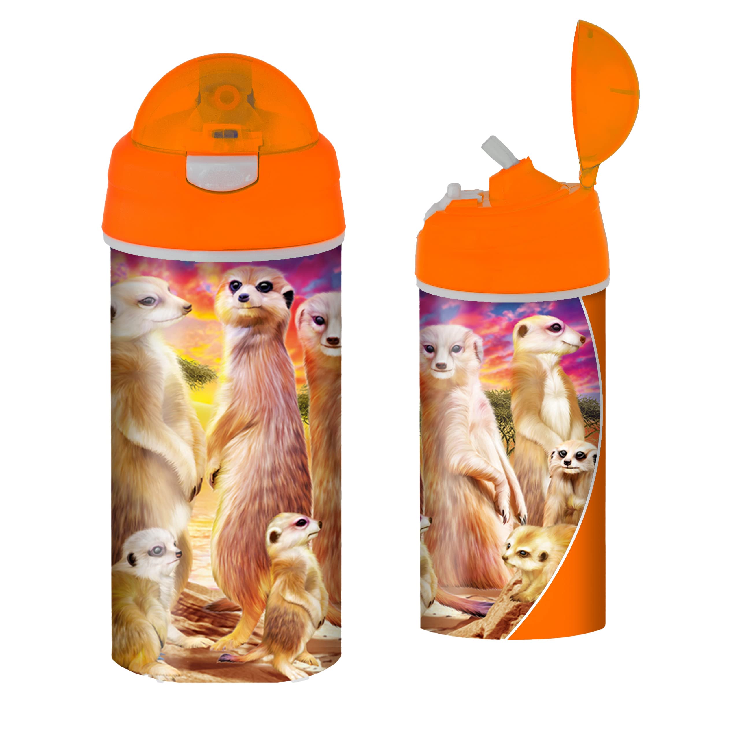 3D LiveLife Drinking Bottle - Cool Meerkats from Deluxebase. 3D Lenticular 600ml BPA Free Reusable Orange Water Bottle with Straw & Flip Top Lid. Leak Proof Animal Drinks Bottles with Meerkat Design.