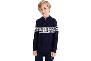 SMILING PINKER Boys Christmas Sweater Cable Knit Half Zip Mock Neck Snowflake Pullover