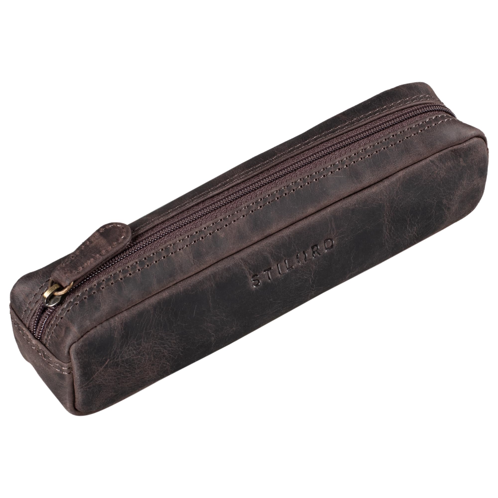 STILORD "Preston" Pencil Case Leather Vintage Pen Pouch Round Organiser Gift for Women Men Stationary Slim in Genuine Leather Colour:Dark - Brown