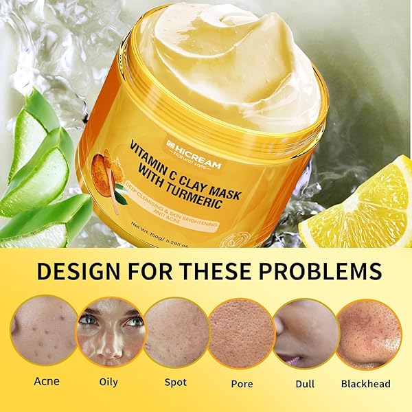 HICREAM TURMERIC VITAMIN C CLAY MASK, DEEP CLEANSING FACIAL MASK, FACE MASK SKIN CARE WITH KAOLIN CLAY AND ALOE FOR PORES, ACNE, DARK SPOTS, HYDRATING 5.29 OZ