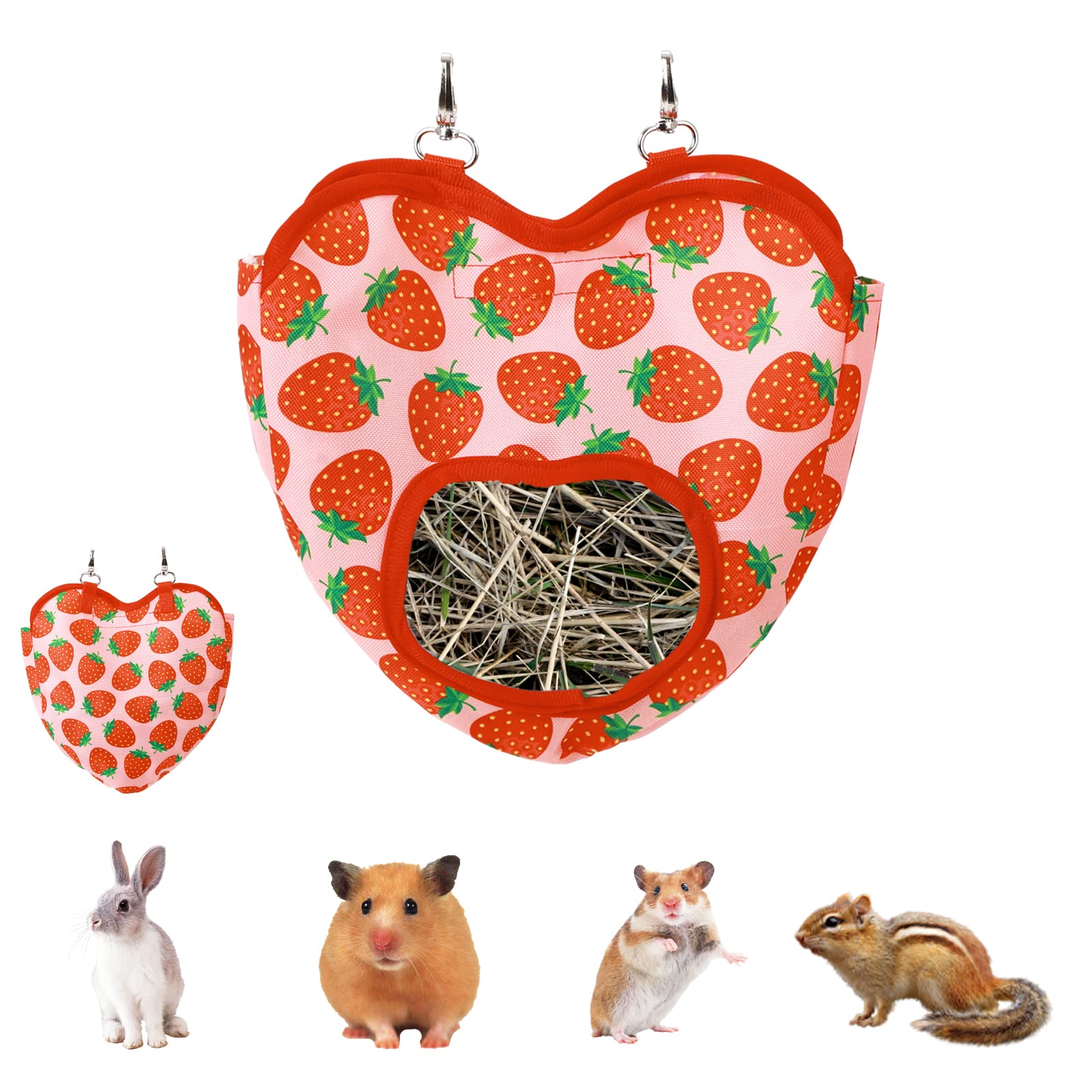 Rabbit Hay Feeder, Guinea Pig Hay Rack Manger Holder, Hanging Feeding Storage Made of Oxford Cloth For Rabbits, Guinea Pigs, Ferrets and Other Small Animals (Strawberry)