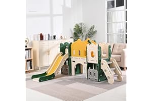 LISCHWERT Toddler Slide, 8 in 1 Toddler Playset Indoor Slide for Toddlers 1-3 Freestanding Slide with Basketball Hoop, Climber, Telescope, Aisle and Storage Space Playground Sets for Backyards