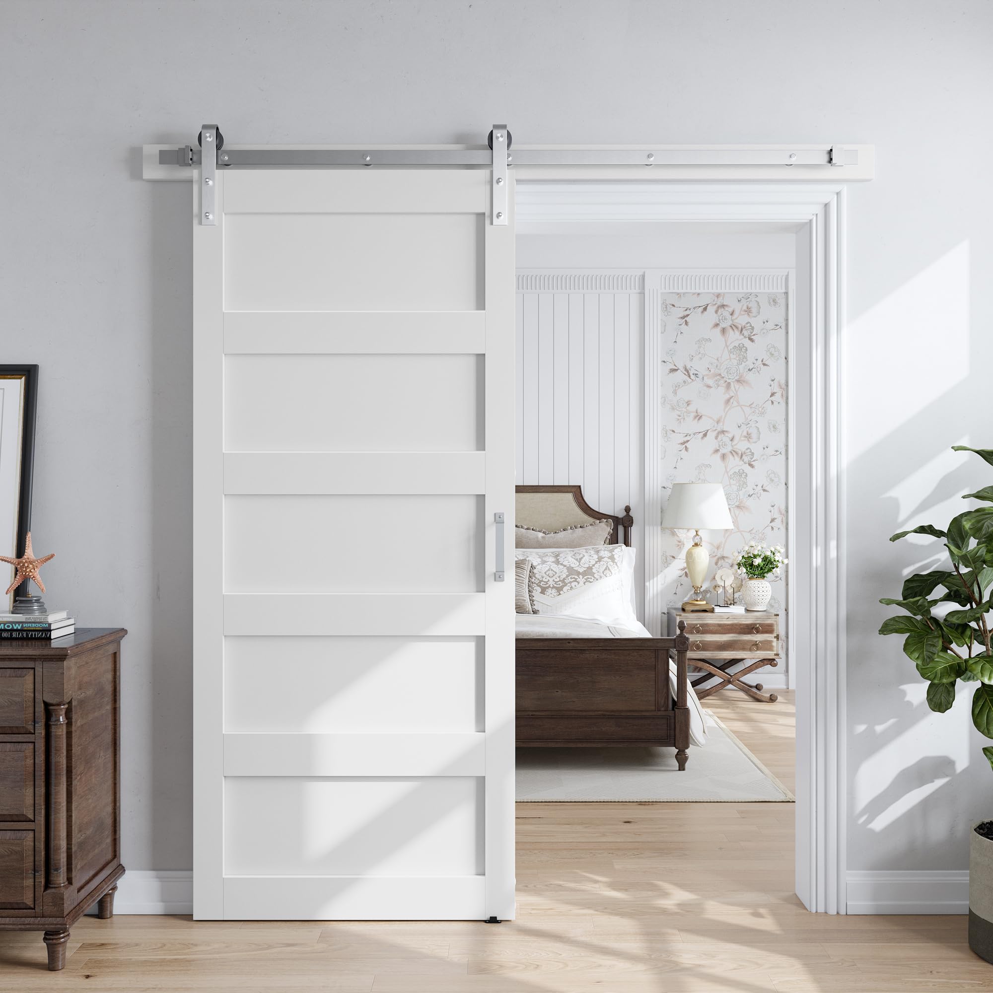 Photo 1 of **HARDWARE ONLY/ NO DOOR** SmartStandard 36x84 inch White Barn Door with 6.6FT Brushed Nickel Sliding Door Hardware Track Kit Included, Solid MDF Slab, Waterproof PVC Surface, 5-Panel, Suitable for Openings up to 34in x 82in