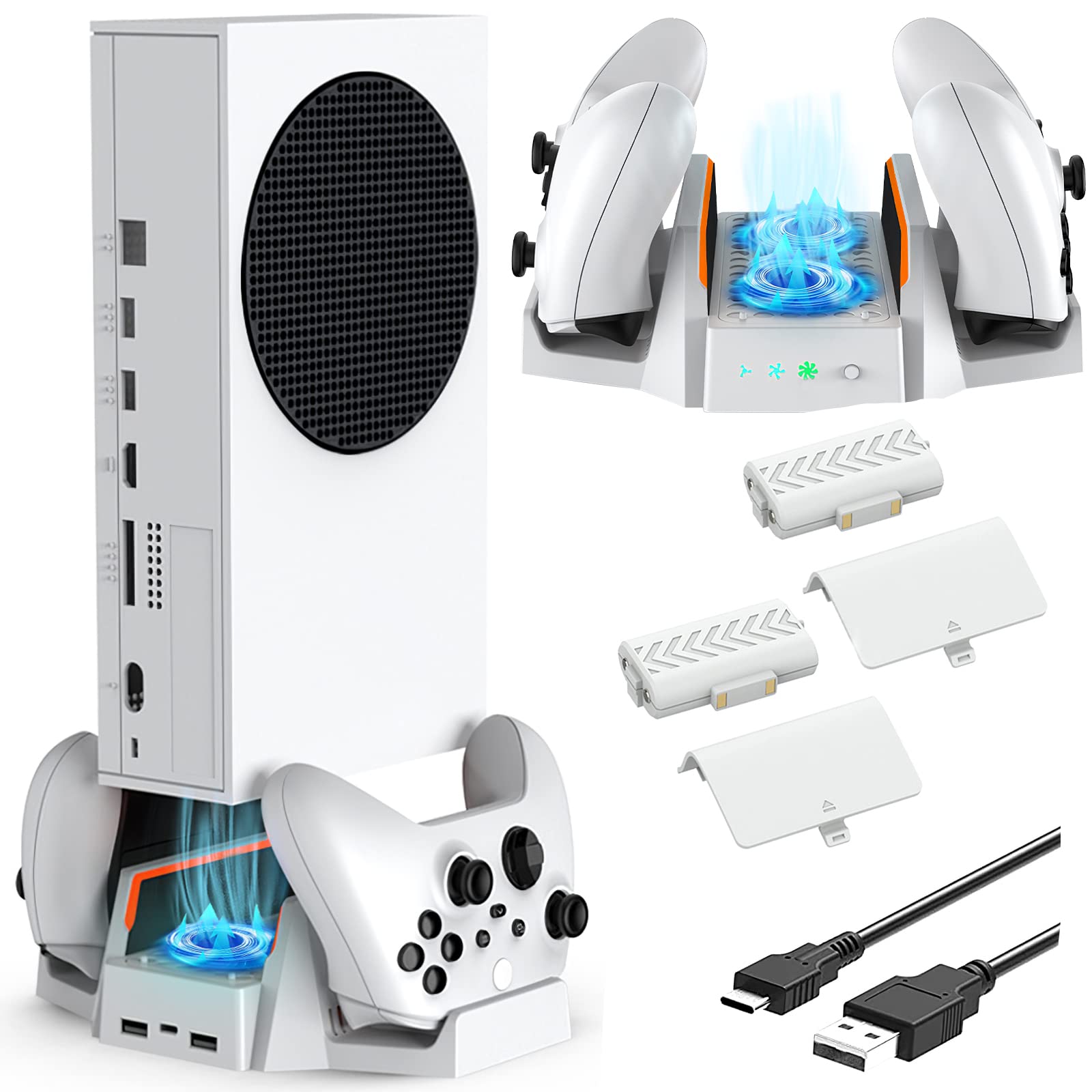 CTPOWER Cooling Stand for Xbox Series S with Dual Cooling Fan 3 Level Adjustable Speed, Dual Controller Charger with LED Indicator USB Port - 2 x 800mAh Rechargeable
