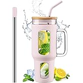 WINSA Glass Tumbler with Lid and Straw, 46 oz Iced Coffee Cup with Handle, Large Water Bottles with Silicone Sleeve, Glass Cup with Straws - Pearl Straw & Drinking Straw BPA Free-CottonPink