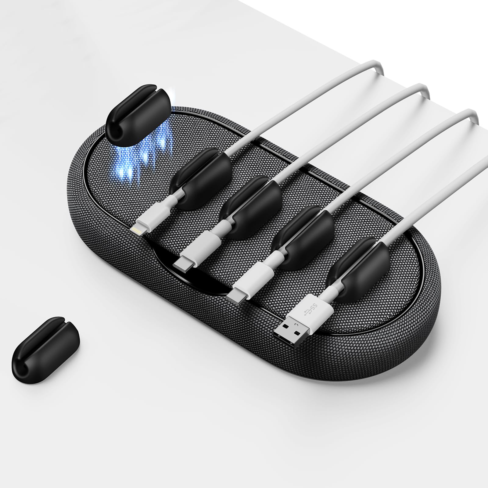 Cable Manager, Magnetic Cable Holder, Multipurpose Cable Holder for Desks, 5 Clips for Lightning Cable, USB C Cable, Micro Cable, Sticks to Wood, Marble, Metal, Glass