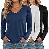 Ficerd 3 Pack Women's Long Sleeve Shirts, V Neck Cotton Blend Tops Loose Fit Casual T-Shirts Curved Hem Basic Layering Tees