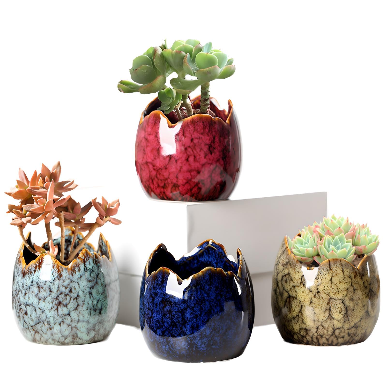XUDREZ Ceramic Succulent Plant Pot Set of 4,Small Plant Pots Indoor with Tray,Mini Colourful Set Cactus Succulent Pots Home decorations Décor Style Four