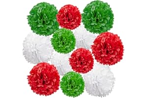 AIMTO 12pcs Red,Green and White Paper Pom Poms Decorations for Christmas Party Ceiling Wall Hanging Tissue Flowers Decorations - 3 Colors of 12 Inch, 10 Inch.