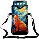 Braytow Neoprene Cell Phone Pouch 7.5 X 4.3 in Cloth Mobile Protection Case Bag with Crossbody Strap Neck Lanyard Cell Phone Case Galaxy Cat Oil Painting