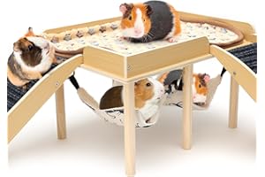 GHWMYD Guinea Pig Hideout Castle, Wooden Chinchilla House with 2 Stairs and Hammock, Small Animals Habitats Hut Accessories for Hamsters Bunny Rabbit Hedgehog Playing Hiding, Easy Assembly