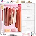 Cyclysio Dresser for Bedroom with Clothes Rack, 5 Drawers Dresser with Charging Station & LED Lights, White Storage Chest of Drawers with Wheels, Wooden Top, Lockable Wheels, Bedroom, Closet, White