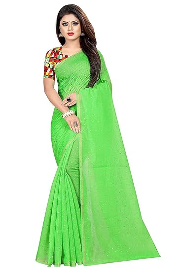 Womens Chiffon Pure Nazmin Saree with Digital Printed Blouse Piece (Parrot)