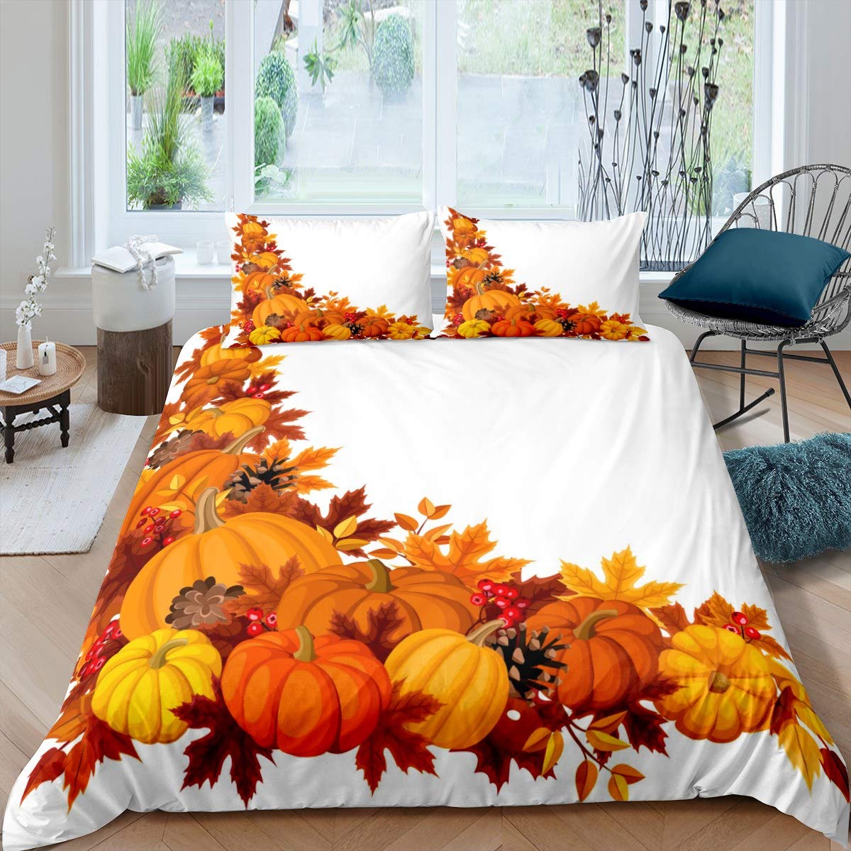 Loussiesd Pumpkin Comforter Cover Set Autumn Leaves and Fruits Duvet Cover Set for Kids Girls Adults Autumn Harvest Nature Bedding Set Luxury Quilt Cover Bedroom Collection 3Pcs Double Size