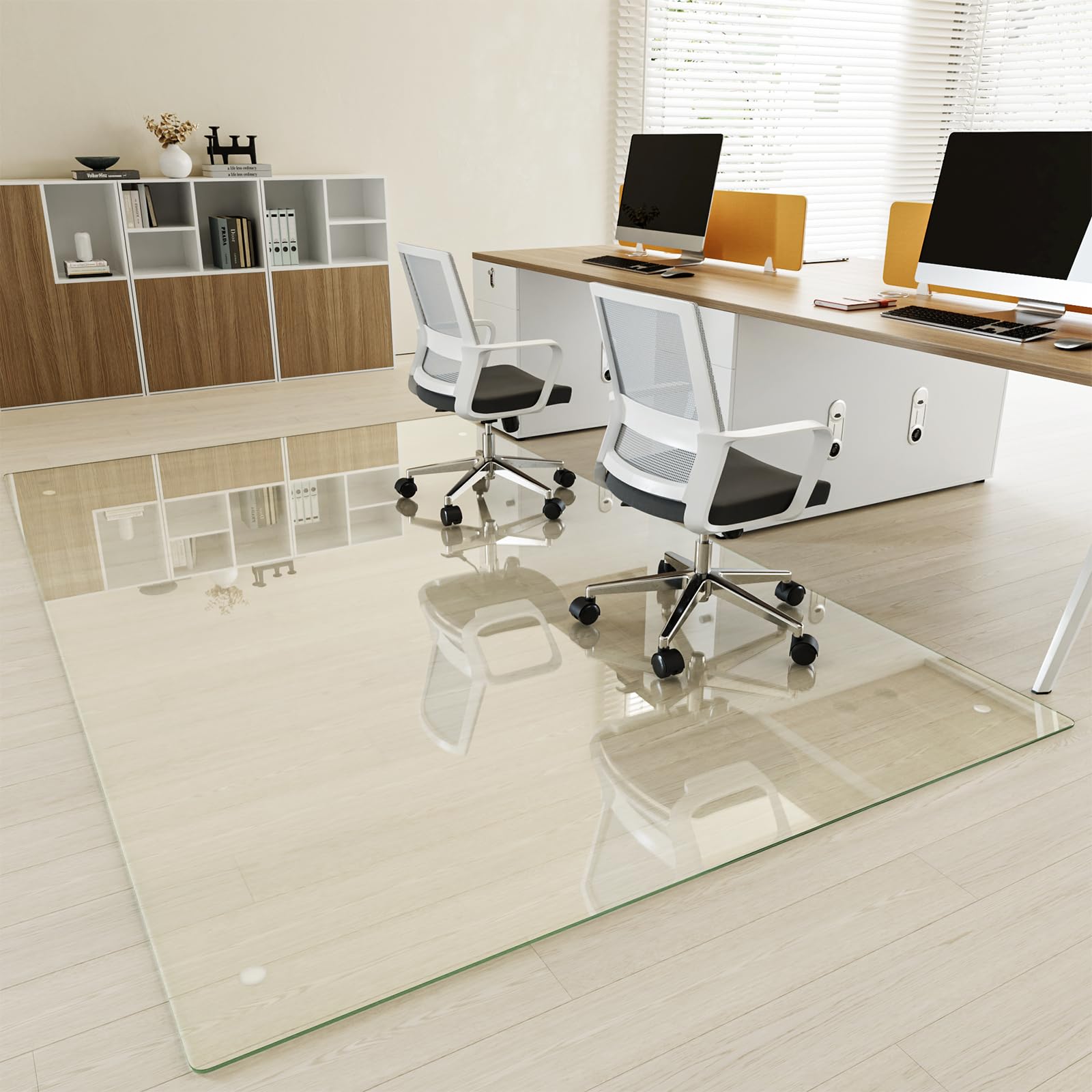 [Tempered Glass] 48" x 80" Glass Chair Mat, 1/5" Thick Office Chair Mat for Carpet or Hardwood Floor, Heavy Duty Hard Chair Mats with Round Corner and Polished Edge, Carpeted Floor Protector Image