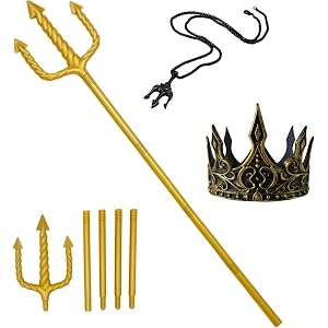 Gold Neptune Poseidon Trident and Gold King Crowns,Plastic Trident Poseidon Costume Staff Foam Crowns Cosplay Set Halloween C