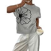 Verdusa Women's Old Money Floral Summer Sweaters Vest Cap Sleeves Crew Neck Knit Tops