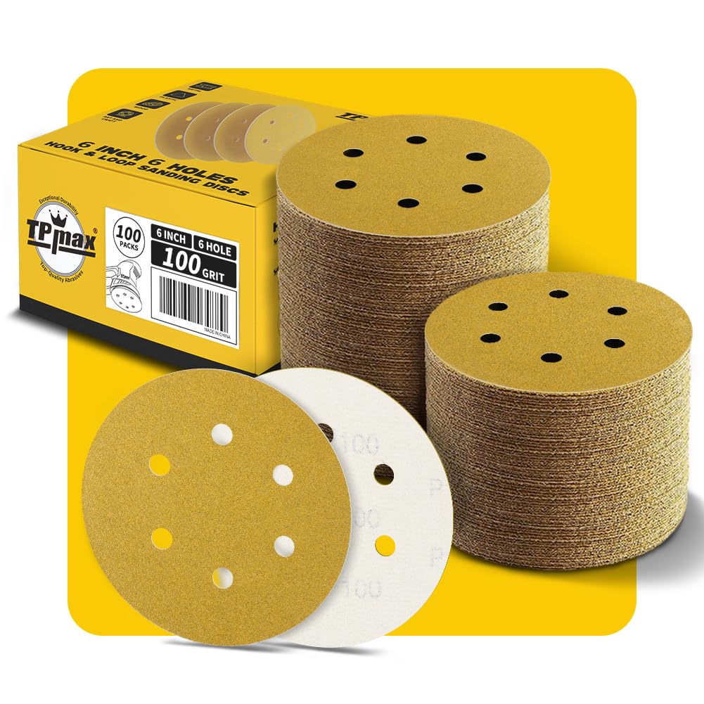 Photo 1 of 100PCS 6 Inch 100 Grit 150mm 6 Hole Sanding Discs Sandpaper - Premium Gold Round Hook and Loop for Random Orbital Sander - Ideal for Wood, Metal, Automotive
