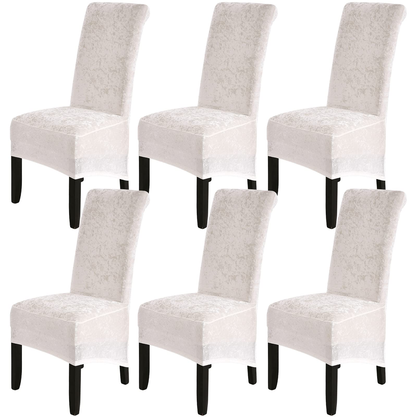 Dining Chair Covers Set of 6 - Crushed Velvet XL Chair Covers for Dining Chairs 6, Stretch High Back Dining Chair Slipcovers Chair Protector for Dining Room Wedding Hotel Banquet Party (Beige White)