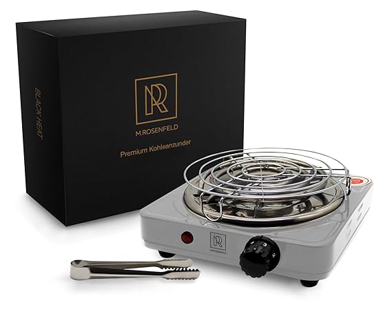 Premium Shisha Kohleanzünder elektrisch - für Shisha Kohle Black Heat (1000W | Anzünder | Schwarz) + Gitter + Zange aus Edels