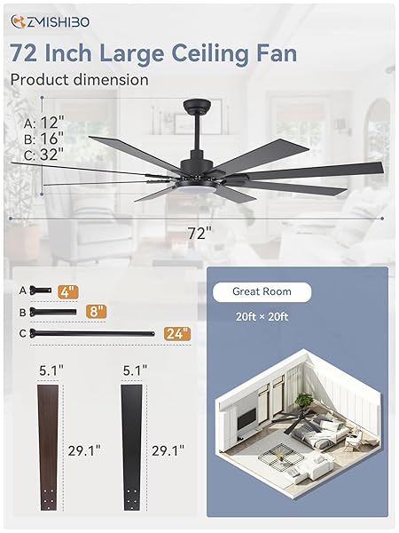 ZMISHIBO 72 INCH LARGE CEILING FANS WITH LIGHTS AND REMOTE, INDOOR/OUTDOOR BLACK MODERN CEILING FAN FOR KITCHEN LIVING ROOM PATIO, 6 SPEED REVERSIBLE QUIET DC MOTOR, 3 CCT, DUAL FINISH 8 BLADES