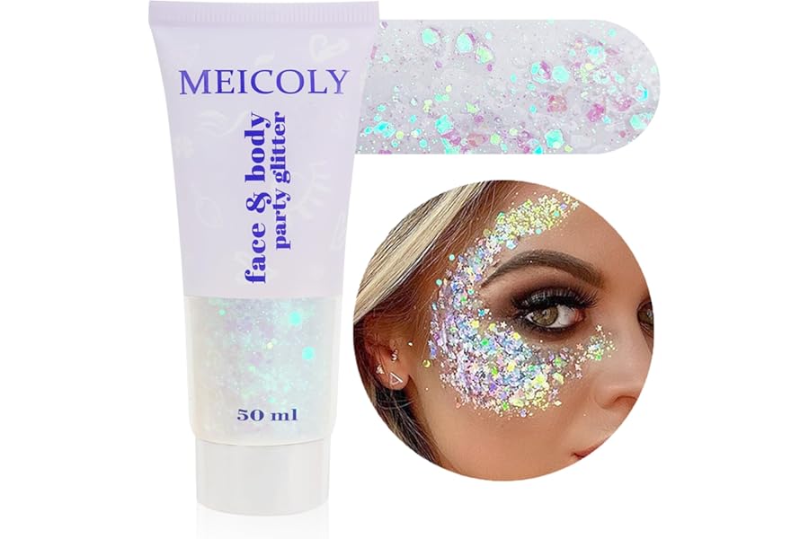 MEICOLY Clear White Body Glitter,Singer Concerts Music Festival Rave Accessories,Mermaid Face Glitter Gel,Sequins Glitter Face Paint,Chunky Hair Sparkling Halloween Glitter Gel for Women,50ml