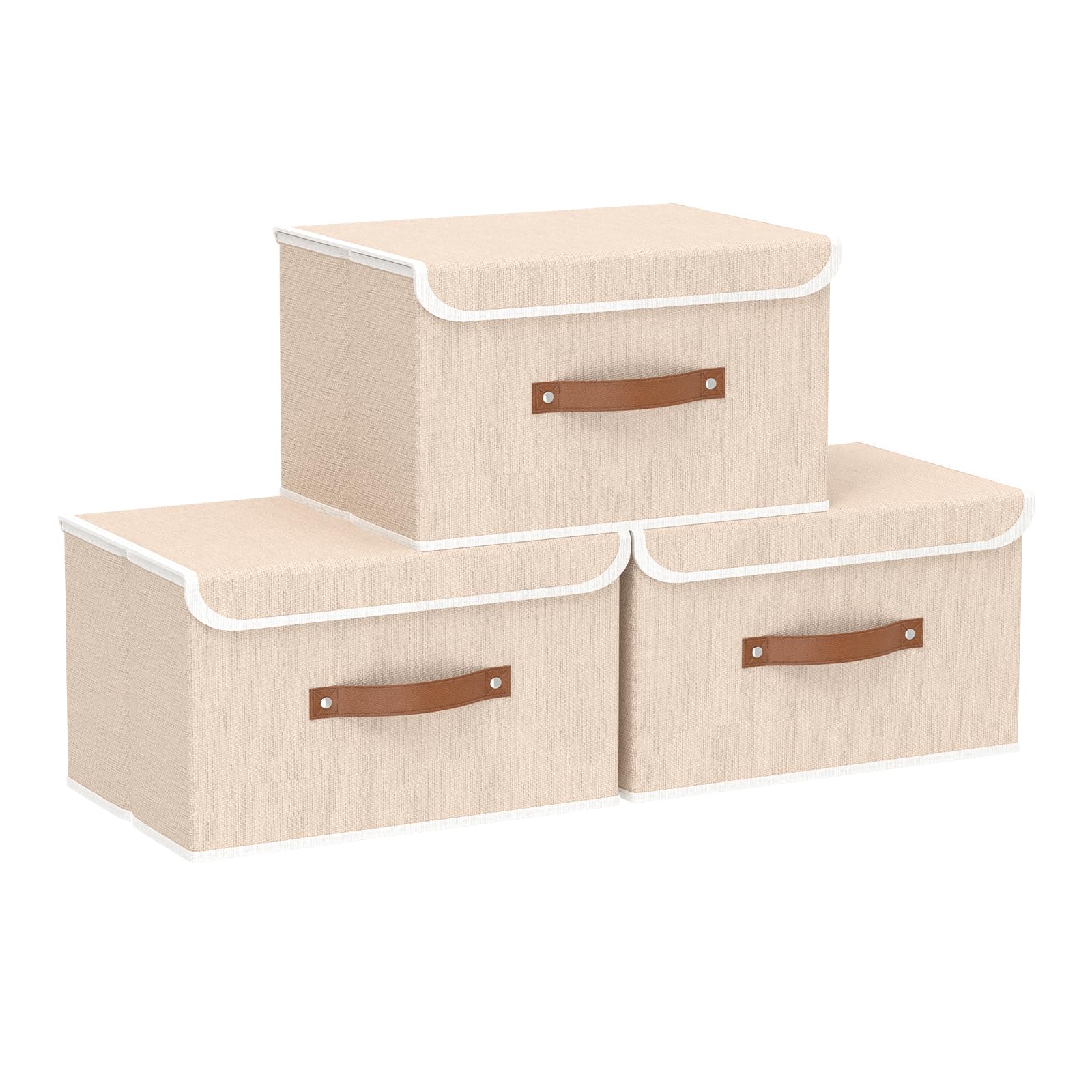 Yawinhe Storage Boxes with Lids 3 Pack, Collapsible Bin with Handle, for Organizing Clothes, 33x23x20cm, Beige, SNK018BE-S — image 1