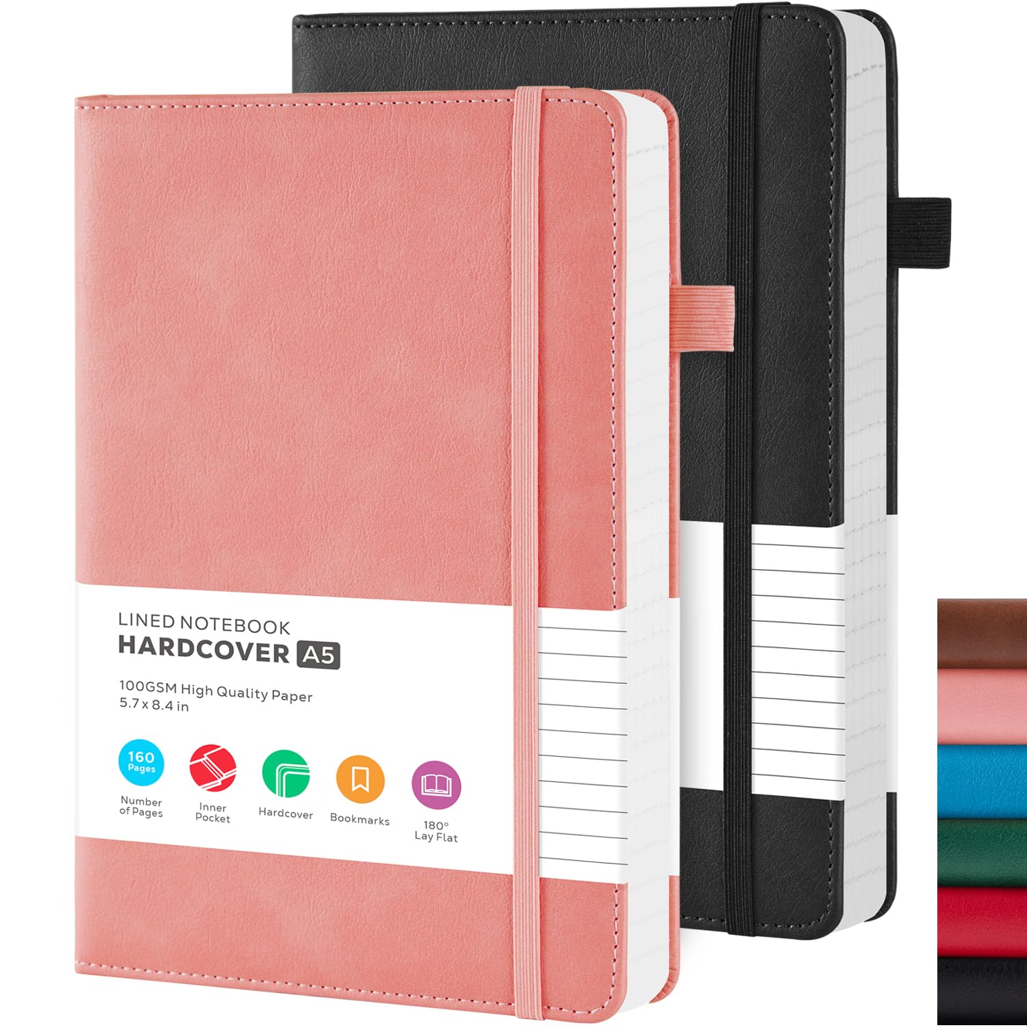 FOCUS DAY A5 Notebook Journal Hardback, 2 Pack Lined Notepad with 100GSM Thick Paper, Leather Journal Notebook for Women/Men Work Office School Supplies, 14.5 x 21.3 cm, Pink & Black