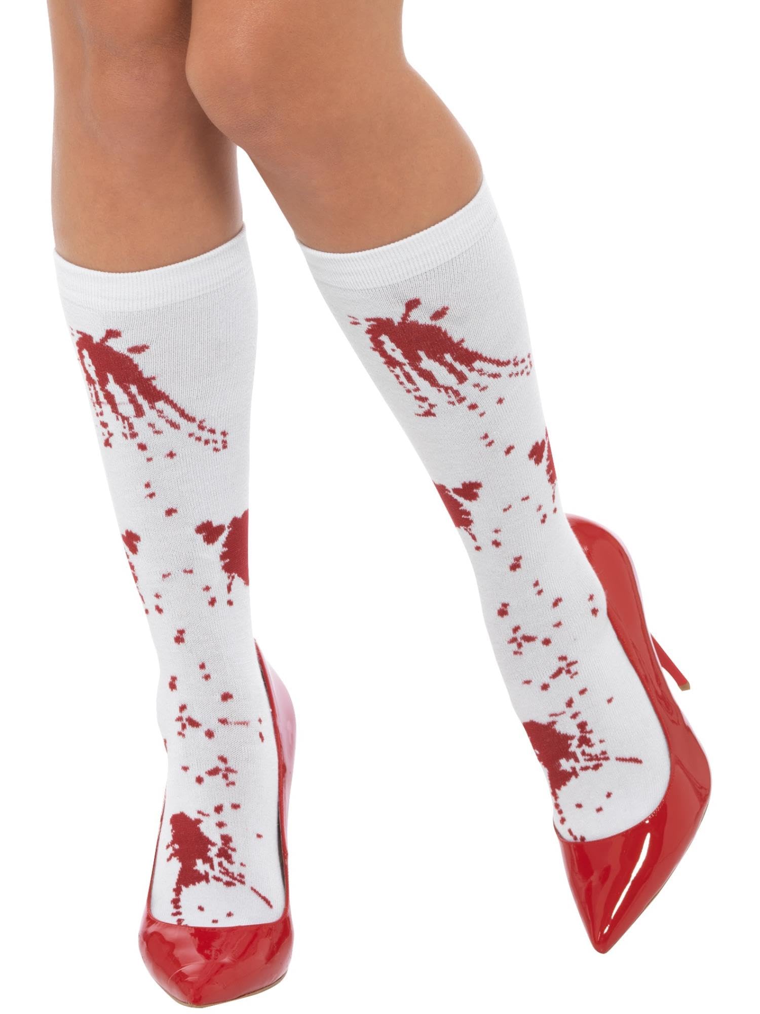 Smiffys Blood Splatter Socks, White & Red Short, Halloween Fancy Dress Accessory, Zombie Dress Up Accessories