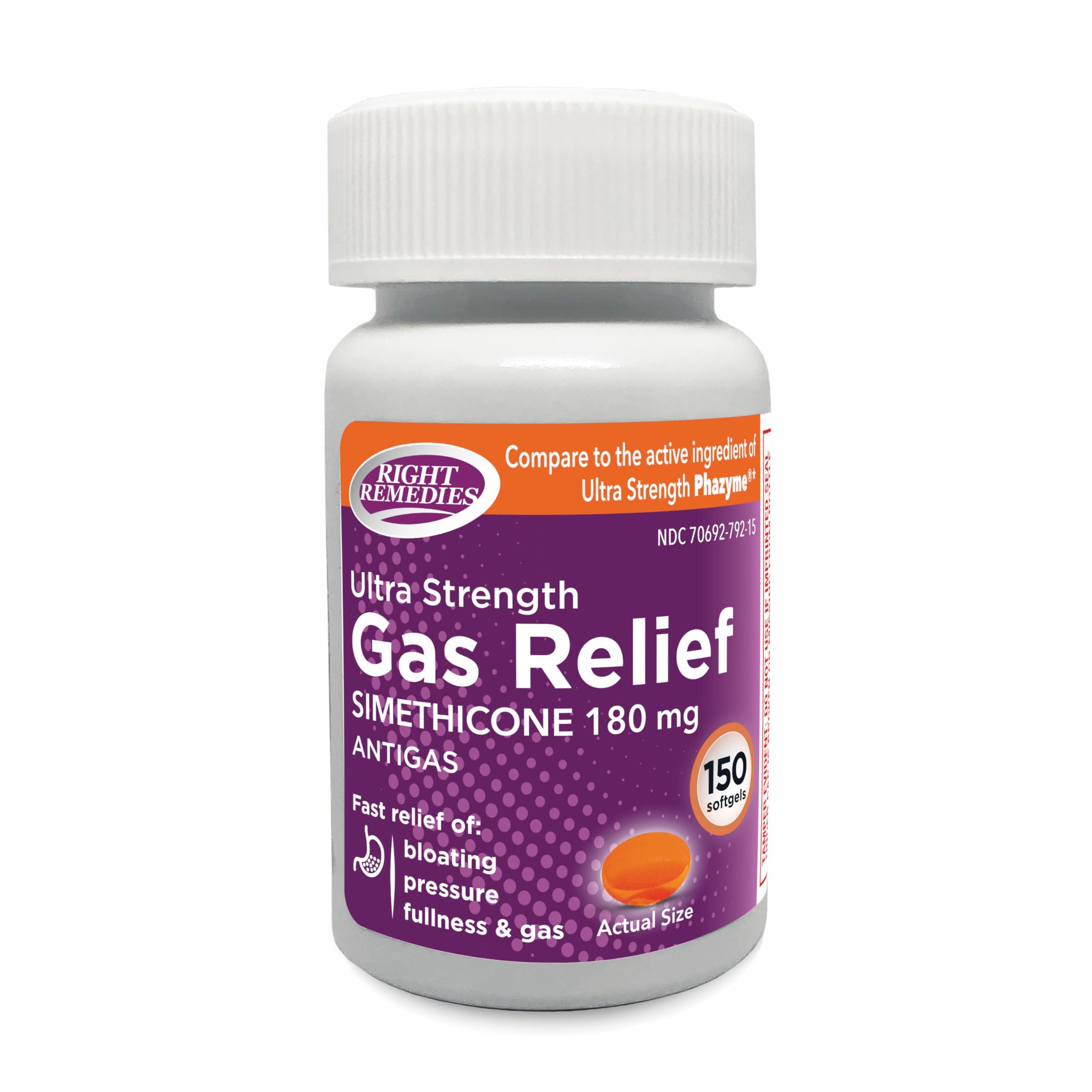 RIGHT REMEDIES Gas Relief Ultra Strength, 180mg Simethicone (150 Softgels) Fast Relief from Gas, Bloating, Fullness, Painful Discomfort, Compare to Ultra Strength Phazyme Active Ingredient